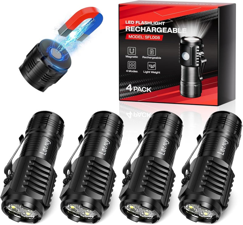 LETMY Rechargeable Mini Flashlights with Magnetic Base, 4 Pack Bright 3 LED Flash Lights, Small EDC Flashlight with Belt Clip, 4 Lighting Modes Portable Rechargeable Flashlights for Camping Home - Image 1